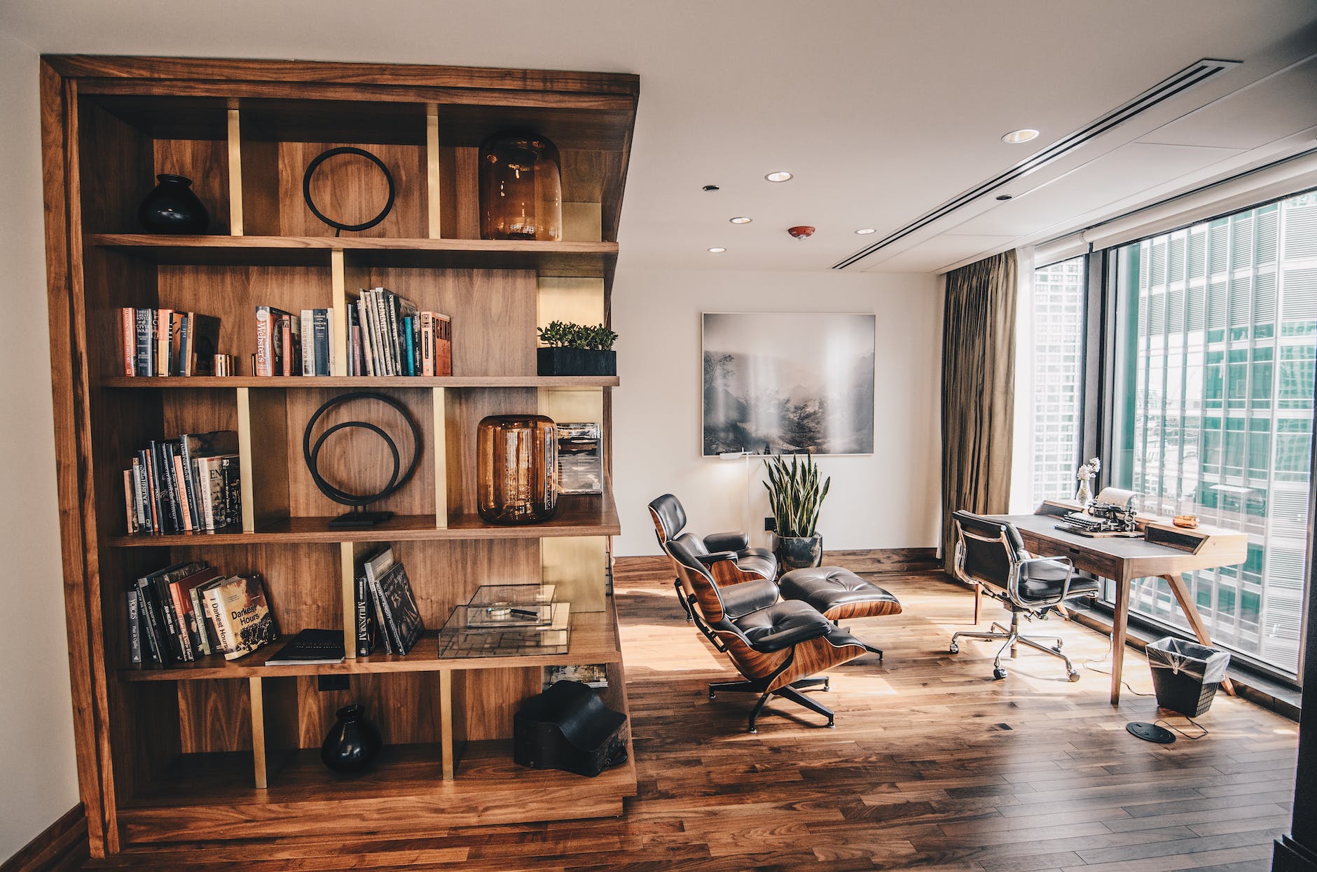 photo of a wooden bookshelf