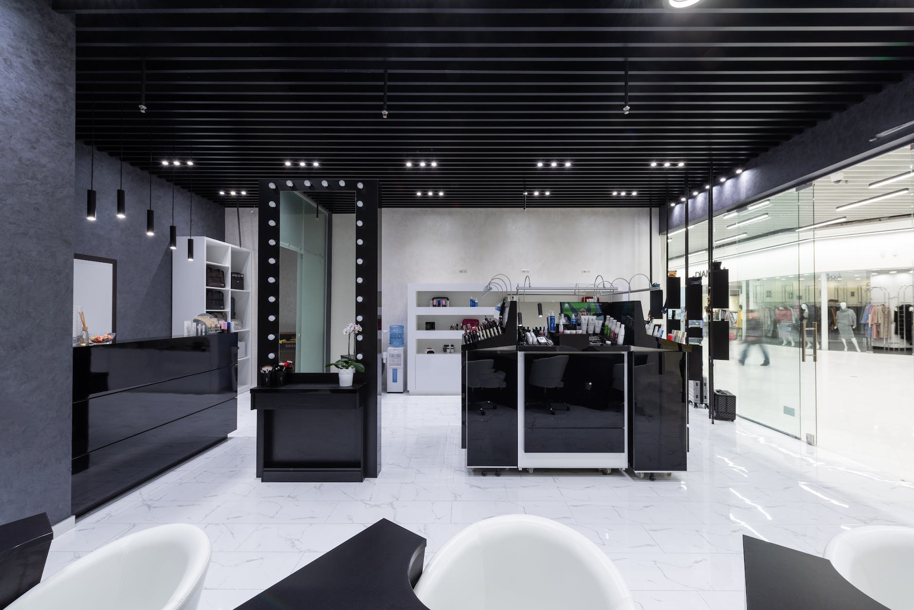 view of reception and commercial area of modern beauty salon