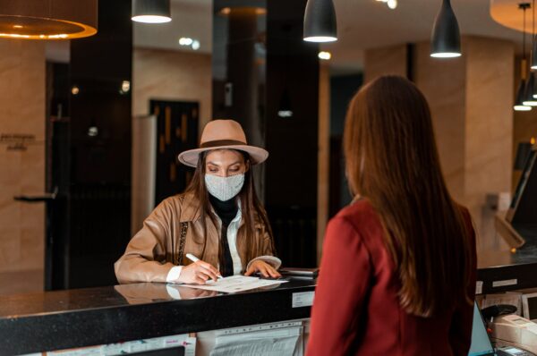 a woman in the front desk